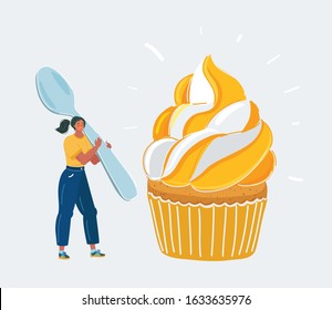 Cartoon vector illustration Sweet-tooth woman going to eat cupcake with big spoon. Human character on white background.