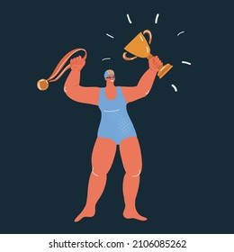 Cartoon vector illustration of Swimmer win gold and thopy cup. Character over dark backround.