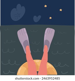 Cartoon vector illustration of Swimming flippers in the night over dark backround