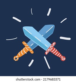 Cartoon vector illustration swords are fighting over dark backround