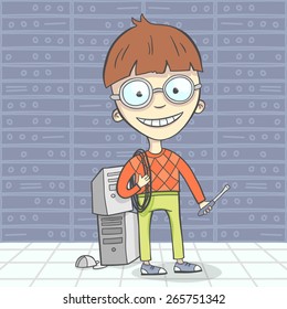 Cartoon Vector Illustration Of System Administrator Character Or Computer Man, Geek. Flat Design