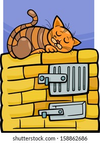Cartoon Vector Illustration of Tabby Cat Sleeping on Stove