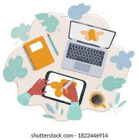 Cartoon vector illustration of tablet and stilus. Artist make draw, working on workplace.