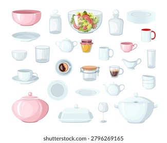 Cartoon vector illustration of tableware, plates, cups, teapots, bowls, and a fresh salad. Large set of porcelain kitchen dishes.