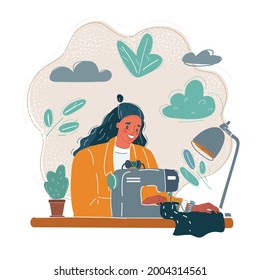 Cartoon vector illustration of Tailoring Process - Woman behind her sewing machine.