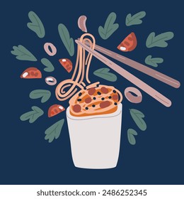 Cartoon Vektorillustration von Take away Food Box. Chinesischer Nudelbehälter für Bastelpapier. Papptasche Vorlage für asiatische Speisen. FastFood Pack zum Mitnehmen über dunklem Hintergrund