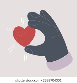 Cartoon vector illustration of Take care love, dark hand holding heart symblol