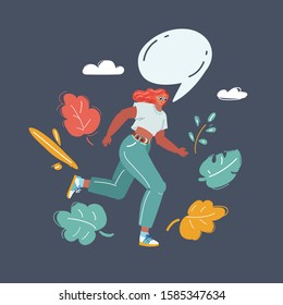 Cartoon vector illustration of talking running woman with speech bubble above her.