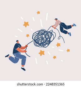 Cartoon vector illustration of tangle tangled and unraveled. Metaphor, business problem solving concept by two people. Couple issues