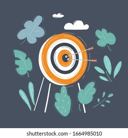 Cartoon vector illustration of target and arrow on dark background.