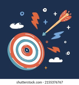 Cartoon vector illustration of Target and arrow fly direct to over dark background