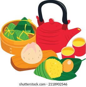 A cartoon vector illustration of tea party with rice dumplings.