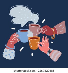 Cartoon vector illustration of Tea time concept. Coffee, rest after work. People spend time together, morning in family. Comfort and coziness over dark backrground