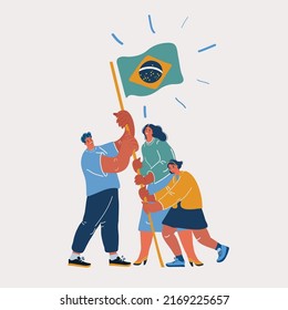 Cartoon Vector Illustration Of Team With Brazil Flag. People Fan