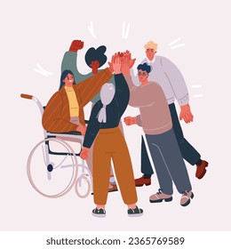 Cartoon vector illustration of team Celebrating Success, Giving High Five. Man and woman together. Woman in wheelchair.
