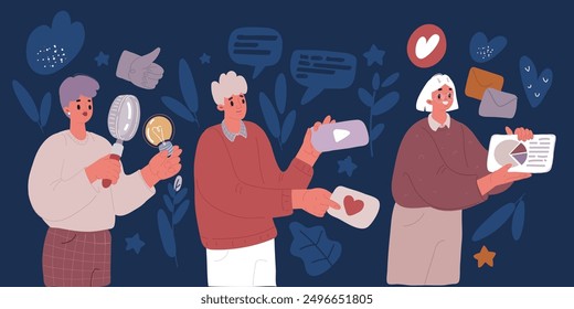 Cartoon vector illustration of team. Content filling, content management and social media concept. Social network media. Women, man holding magnifying glass, play and like icon and circural diagram 