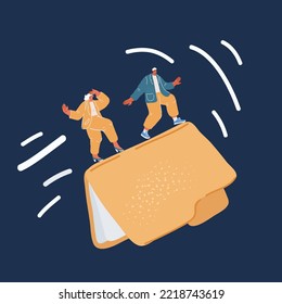Cartoon vector illustration of team fly on big folder over dark backround