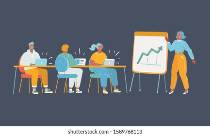 Cartoon vector illustration of team - group of coworkers standing together and discussing. Man and woman get together in co-working space.