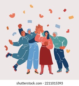 Cartoon vector illustration of Team of happy enthusiastic women joining hands in group office meeting as symbol of cooperation, teamwork, unity, corporate success and leadership. High five