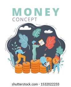 Cartoon vector illustration of team make Business step to successful. Money concept with stair of coin isolated on dark background. Man and woman.