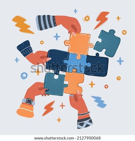 Cartoon vector illustration of team making a puzzle. A hand puts proper puzzle.