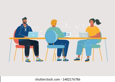 Cartoon vector illustration of team with three people working in the office at the computers for online internet business or start up - men and women sitting at the desktop.