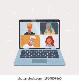 Cartoon vector illustration of team used laptop. Man and woman in videocall. People faces on screen