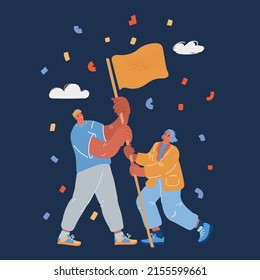 Cartoon vector illustration of teamwork, goal achievement, flag as a symbol of success. Man and woman celebrate over dark backround.