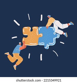 Cartoon vector illustration of Teamwork man and woman solving puzzle problem. Working together on a business project over dark backround