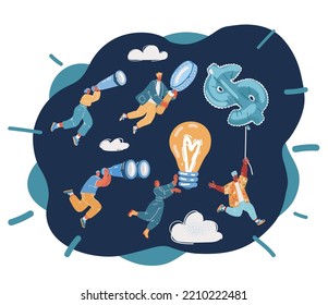 Cartoon vector illustration of Teamwork, search for business ideas opportunities. Business incubator. People with bulb light, magnifying glass, dollar sign, binoculars, spyglass over dark backround