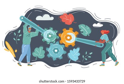 Cartoon vector illustration of Technical repair. Repair people hold wrench in hand. Worker customer service. Make repair together.
