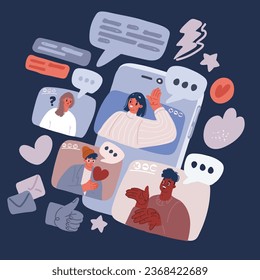 Cartoon vector illustration of technology info graphics laptop phone chat pop up window man boy color creative modern minimal character over dark backround