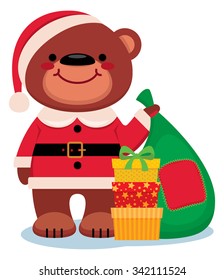 Cartoon vector illustration Teddy bear Santa Claus with Christmas gifts isolated on a white background/Teddy bear Santa Claus with Christmas gifts/Cartoon vector illustration
