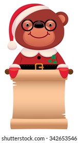 Cartoon vector illustration Teddy bear Santa Claus with Christmas scroll isolated on white background