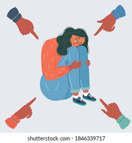 Cartoon vector illustration of Teenager student with fear at his school. Bullying of young woman girl on white background. People point they fingers at her.