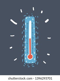 Cartoon vector illustration of temperature thermometer on dark bakcgound. Temperature measure meteorology icon. Funny hand drawn picture. Object on isolated.