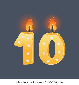 Cartoon vector illustration of Ten Birthday burning candles on dark background. Celebrate concept on dark background.