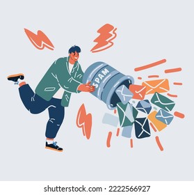 Cartoon Vector Illustration Of Text Message SMS Scam Or Phishing Concept. Man Hold Big Bucket With Letters And Enveloples