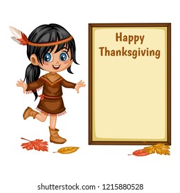 Cartoon Vector Illustration of a Thanksgiving Scene.  American Indian Girl and a Turkey Wearing a Pilgrim Hat  with a Text Placeholder and Pumpkins