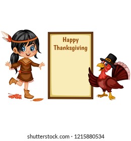 Cartoon Vector Illustration of a Thanksgiving Scene.  American Indian Girl and a Turkey Wearing a Pilgrim Hat  with a Text Placeholder and Pumpkins