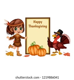 Cartoon Vector Illustration of a Thanksgiving Scene.  American Indian Girl and a Turkey Wearing a Pilgrim Hat  with a Text Placeholder and Pumpkins