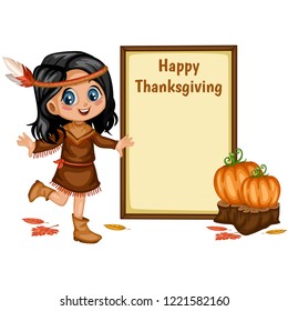 Cartoon Vector Illustration of a Thanksgiving Scene.  American Indian Girl and a Turkey Wearing a Pilgrim Hat  with a Text Placeholder and Pumpkins