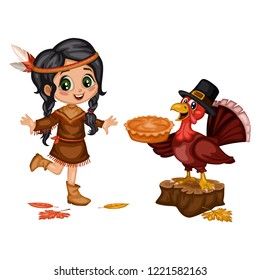 Cartoon Vector Illustration of a Thanksgiving Scene.  American Indian Girl and a Turkey Wearing a Pilgrim Hat  with a Text Placeholder and Pumpkins