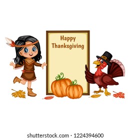 Cartoon Vector Illustration of a Thanksgiving Scene.  American Indian Girl and a Turkey Wearing a Pilgrim Hat  with a Text Placeholder and Pumpkins