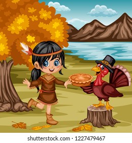 Cartoon Vector Illustration of a Thanksgiving Scene. American Indian Girl and a Turkey Wearing a Pilgrim Hat and Holding a Thanksgiving Pie on a Fall Background. Little Native Girl, Tree, Hills, Lake