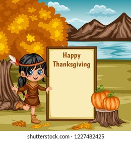 Cartoon Vector Illustration of a Thanksgiving Scene. American Indian Girl with a Text Placeholder and Pumpkins on a Fall Background. Little Native Girl, Tree, Hills, Lake