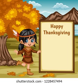 Cartoon Vector Illustration of a Thanksgiving Scene. American Indian Girl with a Text Placeholder and Pumpkins on a Fall Background. Little Native Girl, Tree, Hills, Lake