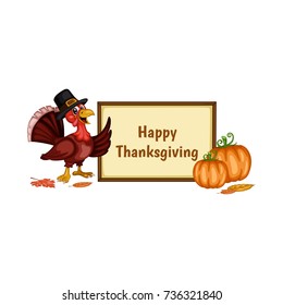 Cartoon Vector Illustration of a Thanksgiving Scene. A Turkey Wearing a Pilgrim Hat and Pumpkins with a Text Placeholder