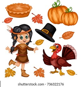 Cartoon Vector Illustration of a Thanksgiving Scene. Turkey, Pilgrim Hat, Pumpkins,  American Indian Girl, Autumn leafs, Pie