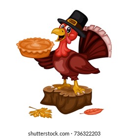 Cartoon Vector Illustration of a Thanksgiving Scene. A Turkey Wearing a Pilgrim Hat and Holding a Thanksgiving Pie